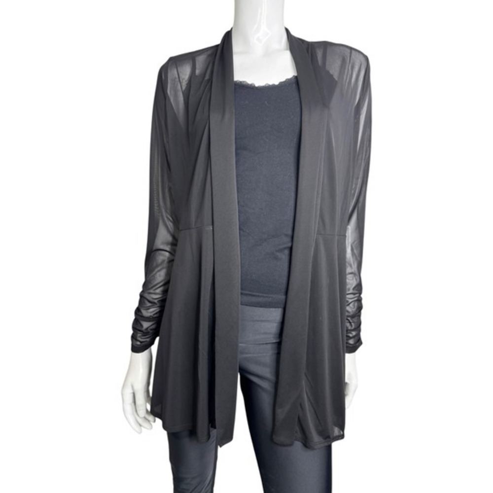 Susan Graver Womens Black Sheer Mesh Open Front Cardigan Ruched Sleeve Small